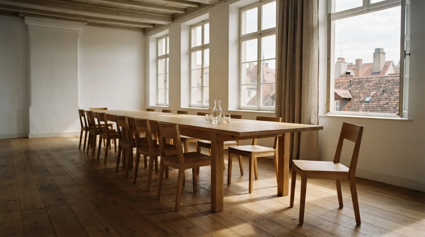 Ein langer Holztisch mit leeren Stühlen in einem hellen Raum, die Fenster geben den Blick auf Dächer frei