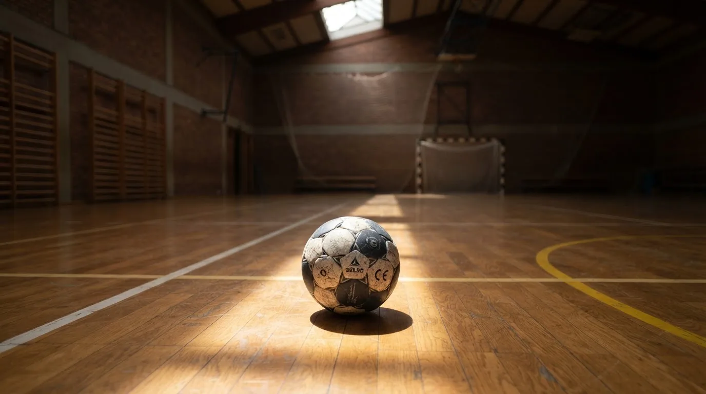 Ein Handball liegt auf dem Hallenboden einer leeren Sporthalle, Streifen von Licht aus den Oberlichtern