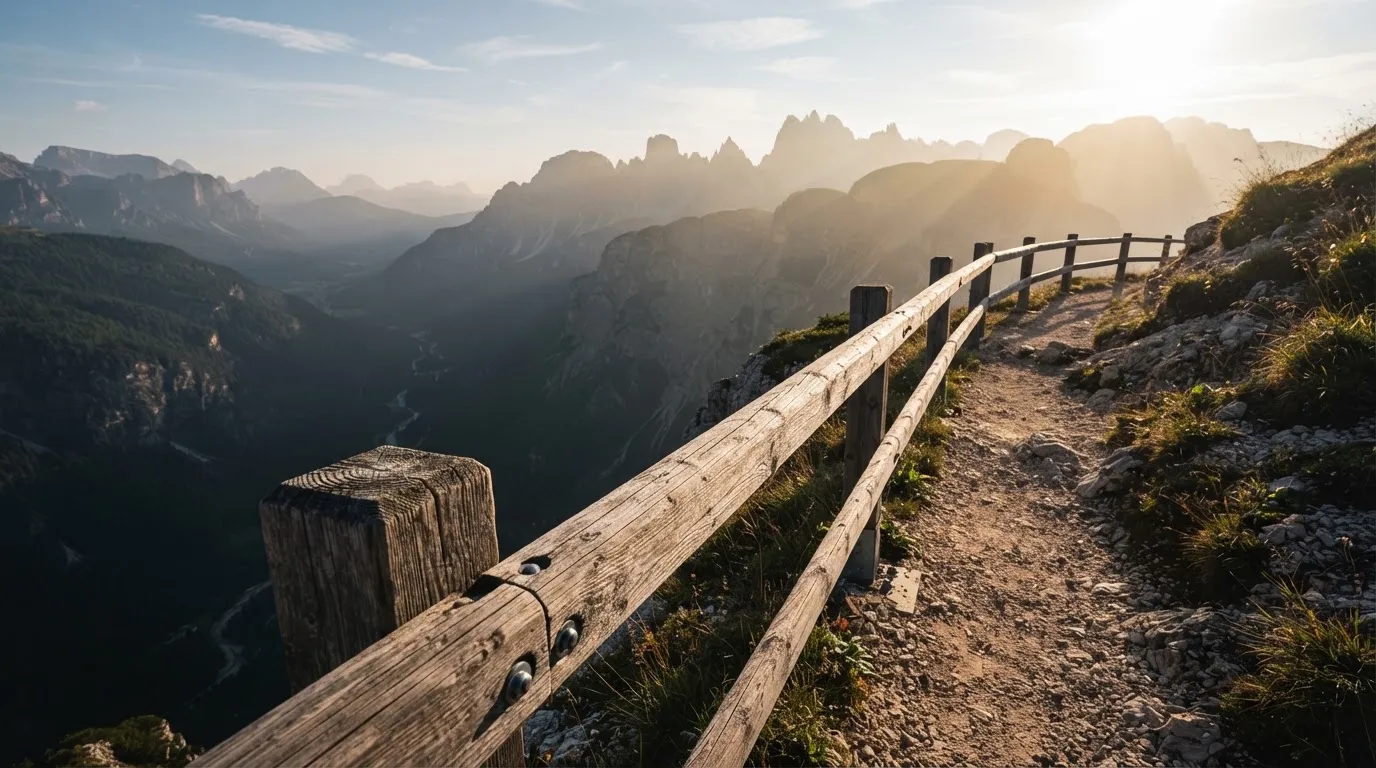 Ein stabiles Holzgeländer am Rand eines Wanderwegs über einer Schlucht, Gegenlicht über den Hängen