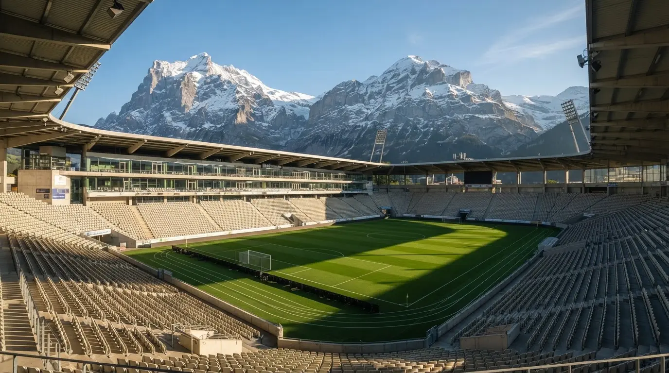 Schneebedeckte Berggipfel erheben sich im klaren Morgenlicht hinter einem leeren Stadion mit hellen Zuschauerrängen.