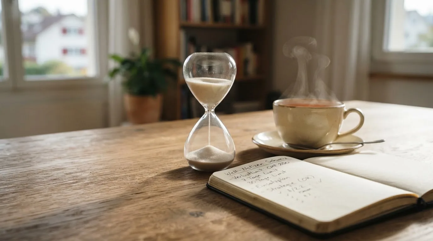 Eine Sanduhr steht neben einem Notizbuch mit handschriftlichen Notizen auf einem Holztisch, daneben dampft eine Tasse Tee.