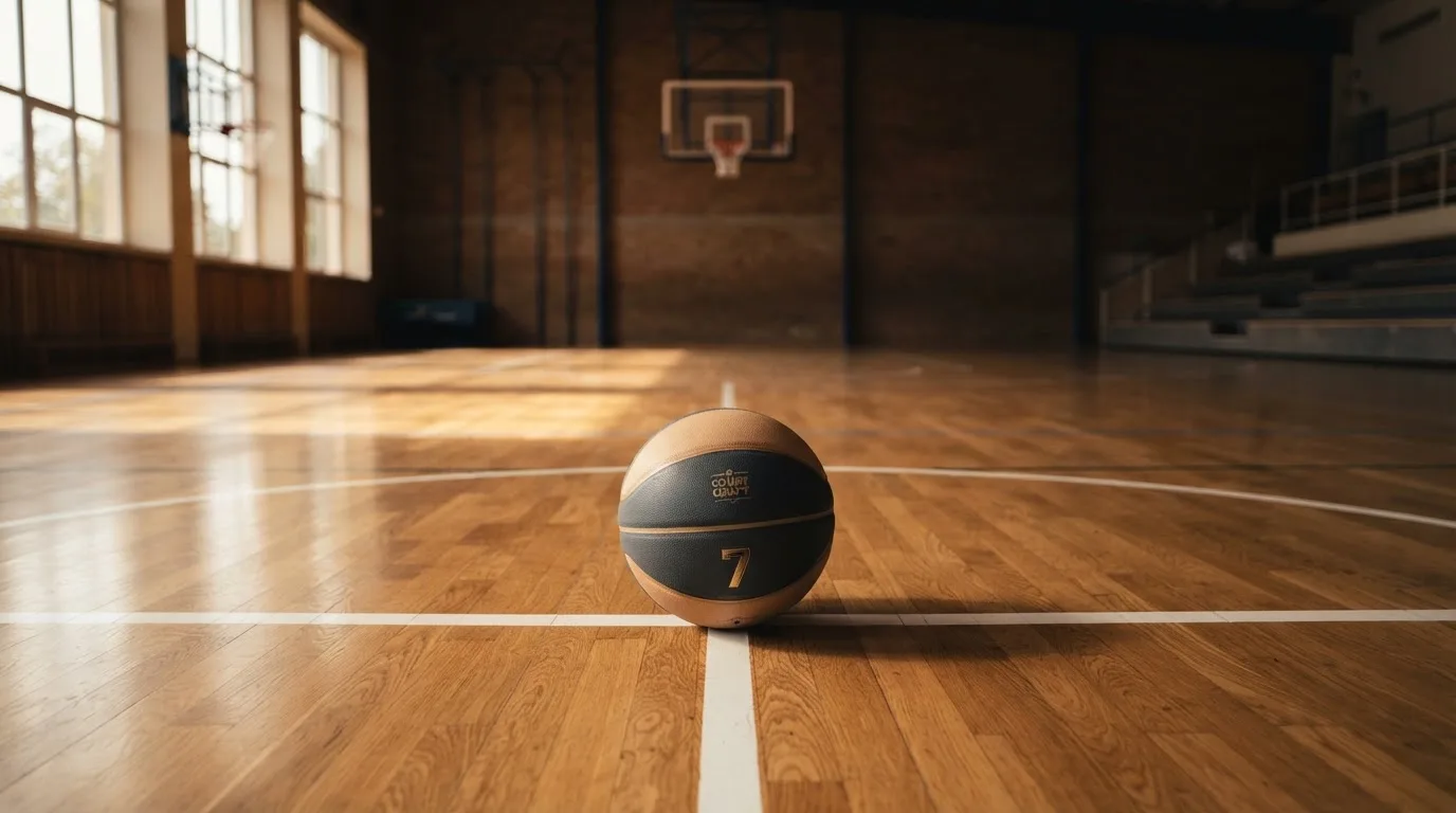Ein Basketball ruht auf dem polierten Parkett einer leeren Halle, Nachmittagslicht fällt durch hohe Fenster.