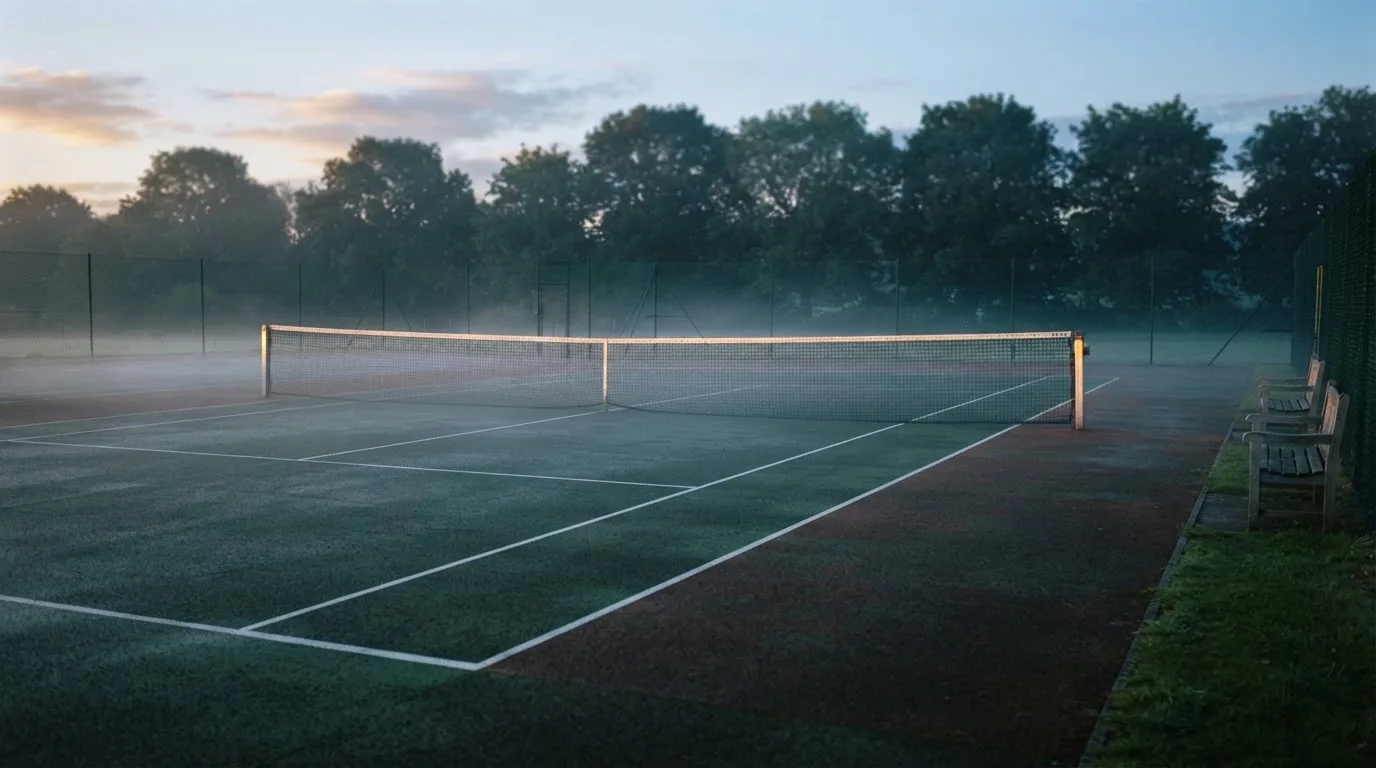 Ein gepflegter Tennisplatz im Morgengrauen, über der Grundlinie hängt leichter Nebel und die Bänke am Rand sind leer.