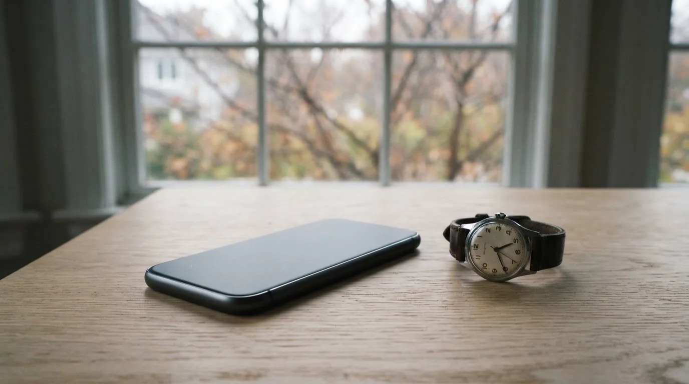 Ein Smartphone liegt mit dem Display nach unten auf einem Tisch neben einer Armbanduhr, im Hintergrund ein unscharfes Fenster.