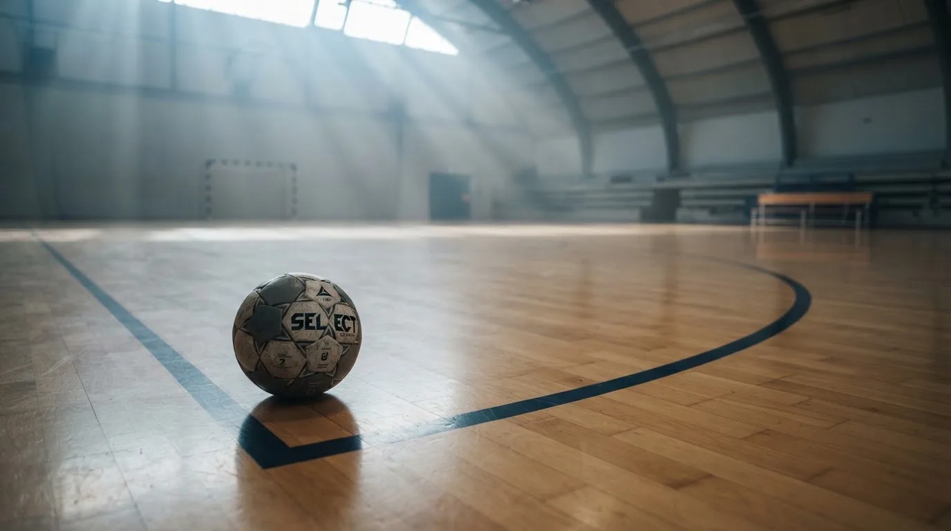 Ein Handball liegt am Rand des Torraums in einer leeren Sporthalle, Licht fällt durch Oberlichter auf den Hallenboden.