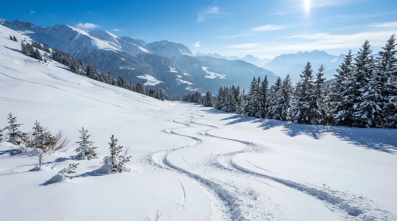 Ein Skihang mit frischen Spuren im Neuschnee unter blauem Himmel, am Rand stehen verschneite Tannen.