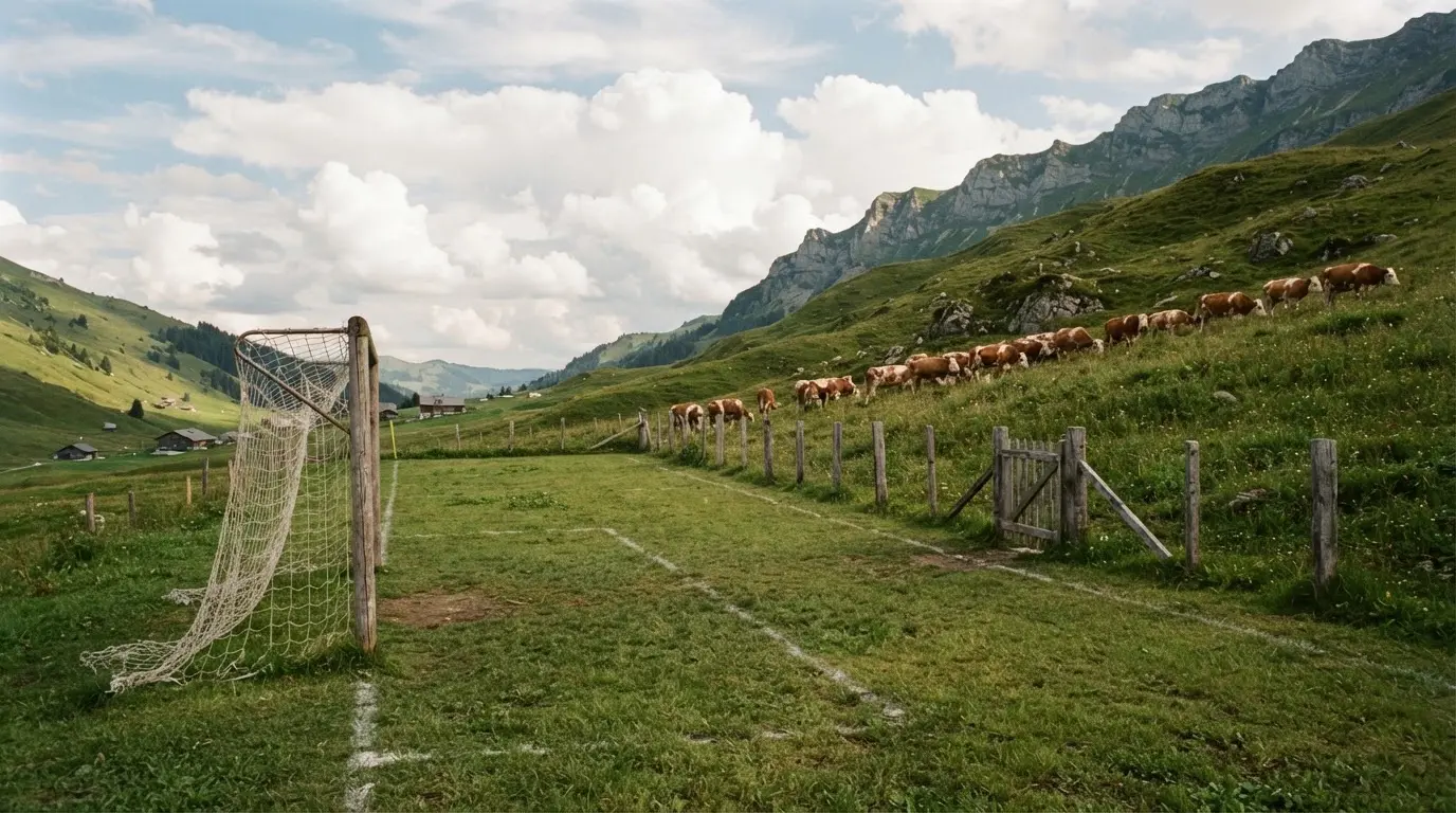 Ein Dorffussballplatz mit Holzzaun am Hang, dahinter grasen Kühe auf einer Weide unter hohen Wolken.