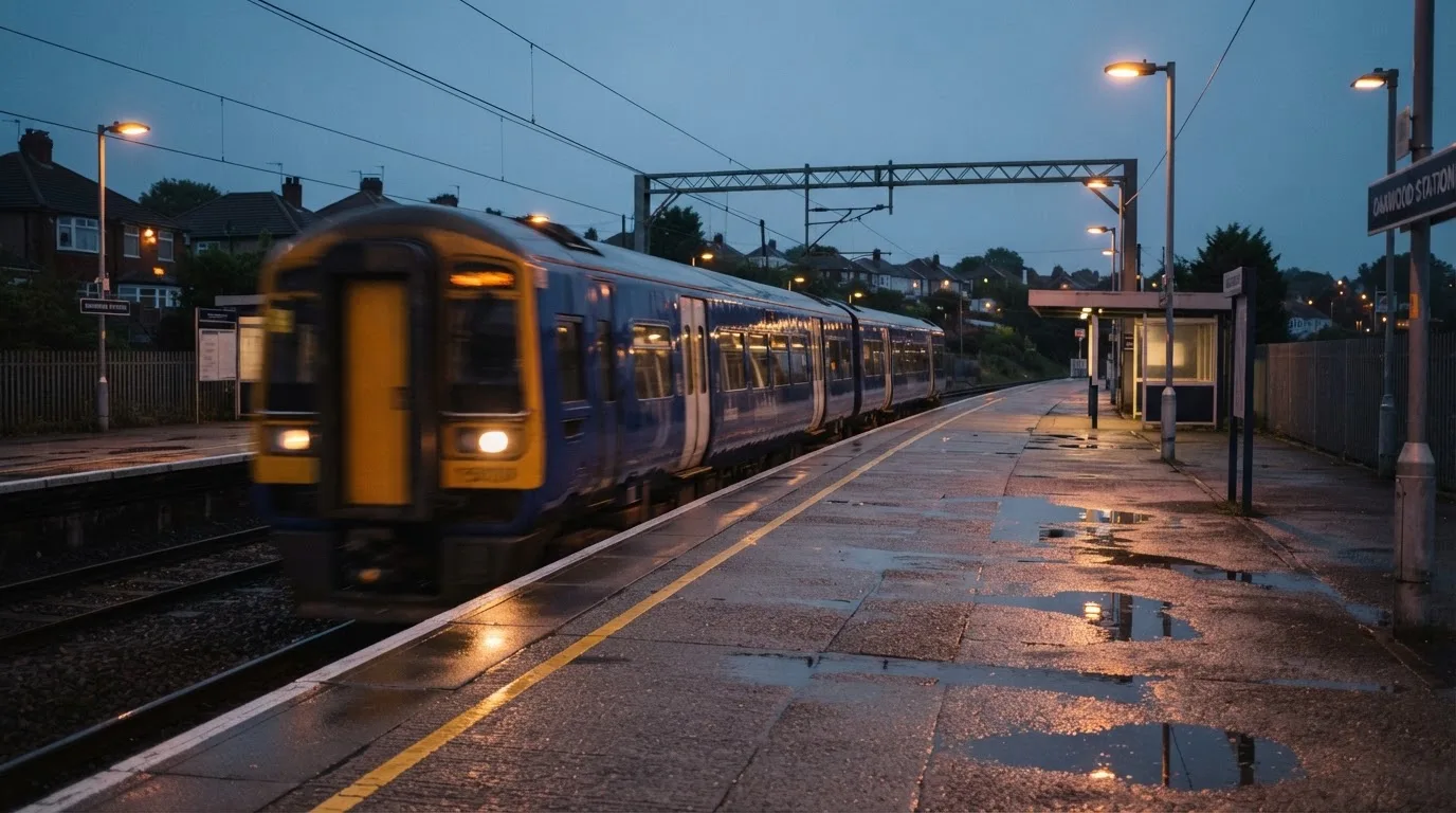 Ein Bahnsteig in der Abenddämmerung, ein Regionalzug fährt unscharf ein und Lichter spiegeln sich auf dem nassen Beton.