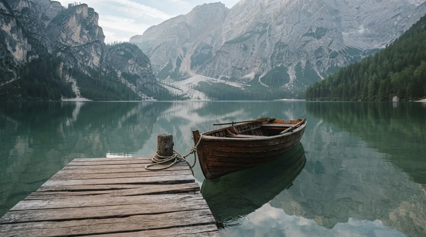 Ein schmales Ruderboot liegt an einem hölzernen Steg an einem Bergsee, dahinter steigen steile Felswände auf.