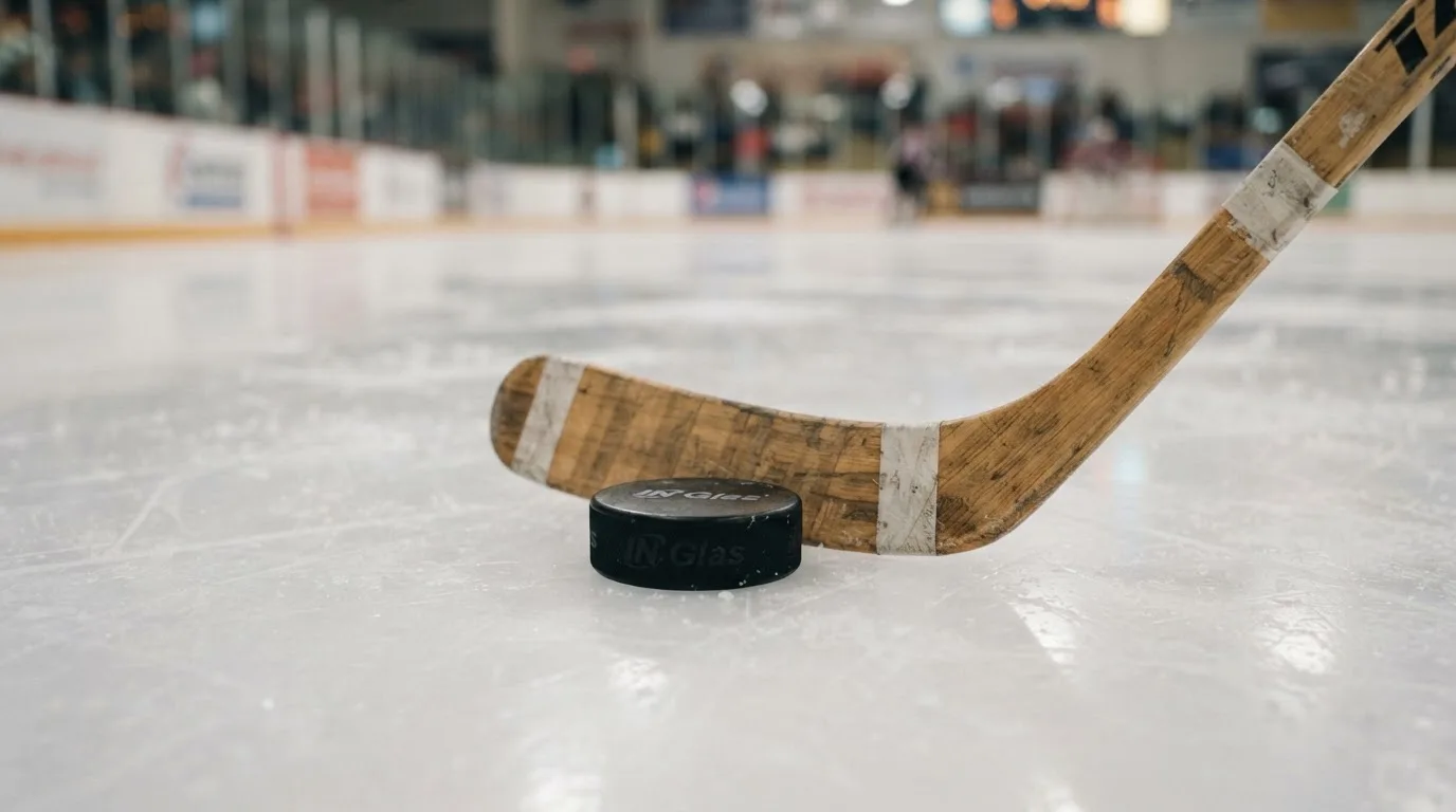 Ein Eishockeypuck und ein Schläger liegen auf einer glänzenden Eisfläche, im Hintergrund verschwimmen leere Banden.