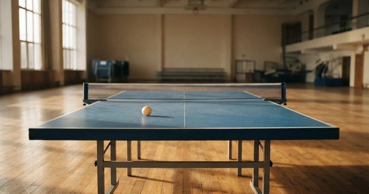 Eine Tischtennisplatte steht in einer leeren Sporthalle, ein einzelner Ball liegt am Netz und Tageslicht fällt von der Seite ein.