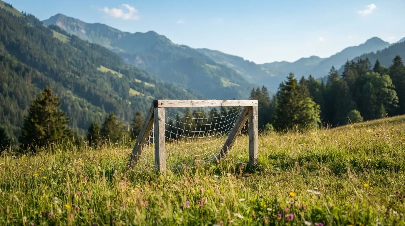 Eine Almwiese mit einem kleinen Holztor für Kinderfussball, dahinter erheben sich bewaldete Hänge im Nachmittagslicht.