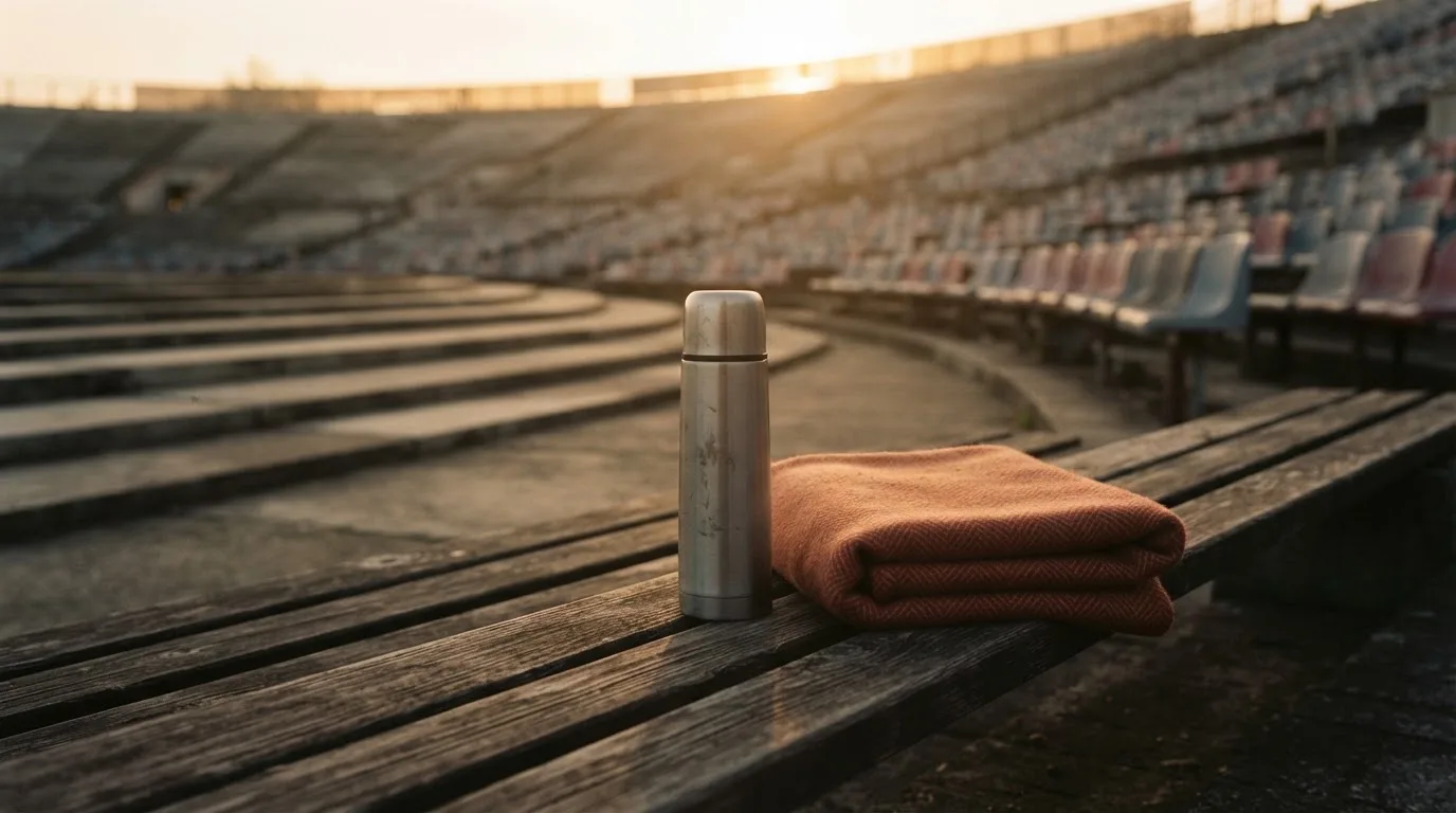 Eine Thermoskanne und eine zusammengelegte Wolldecke stehen auf einer leeren Stadionbank, die Sonne geht hinter den Rängen unter.