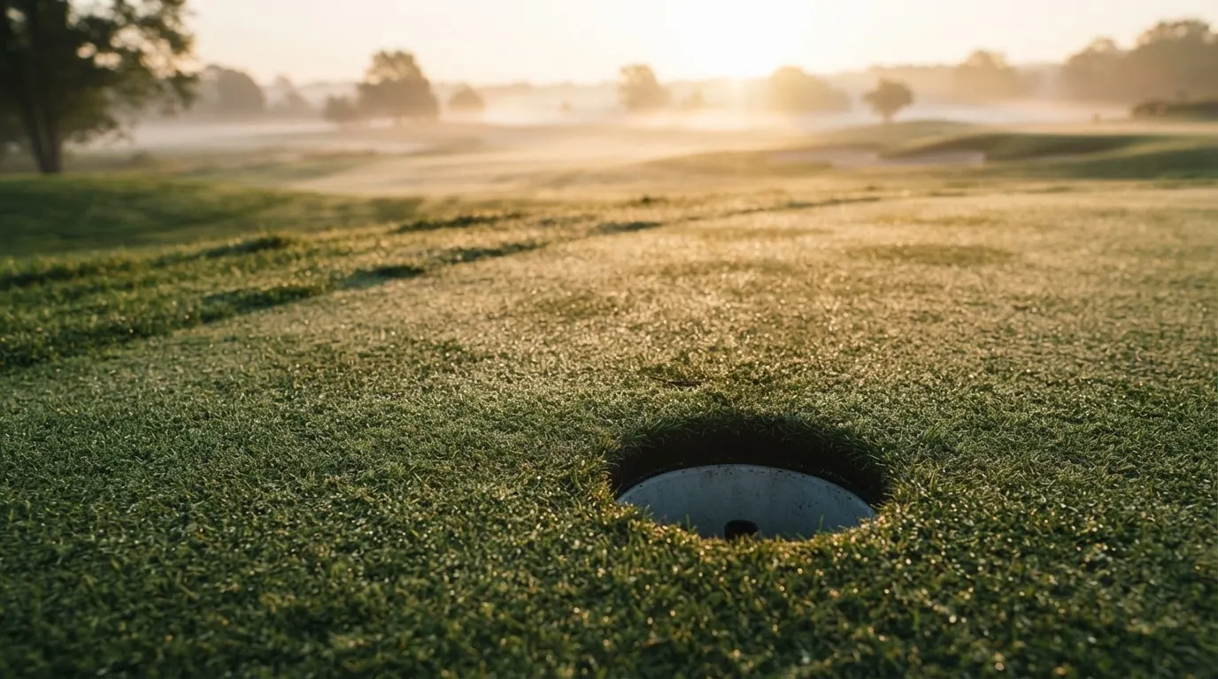 Ein Golfgrün bei Sonnenaufgang mit Tau auf dem Rasen, die Fahnenstange fehlt und im Hintergrund ziehen Nebelschwaden.