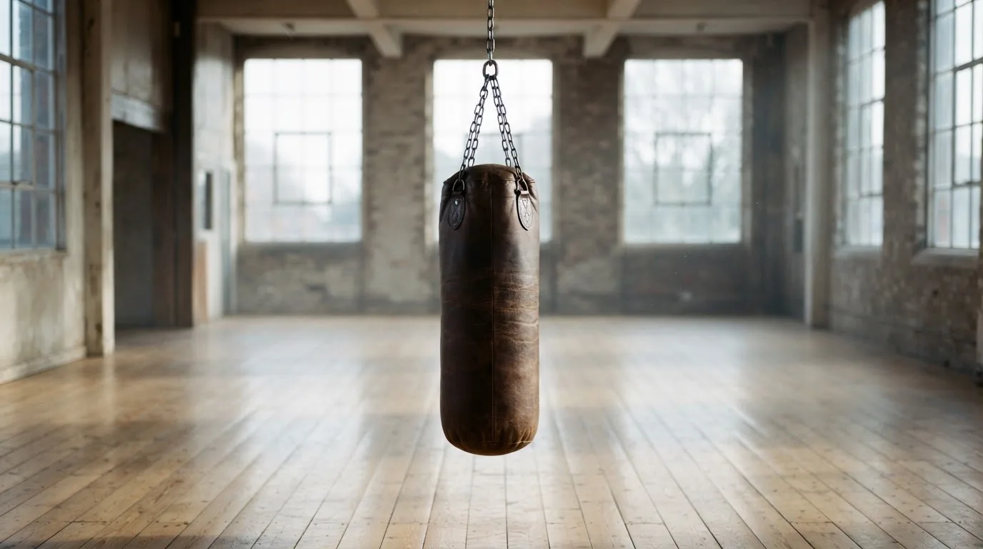 Ein Boxsack hängt an einer Kette in einem leeren Trainingsraum mit hellem Holzboden und grossen Fenstern.