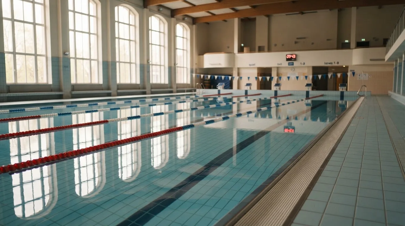 Eine ruhige Schwimmhalle mit glattem Wasser im Becken und gespannten Bahnleinen, Licht fällt durch hohe Fenster.