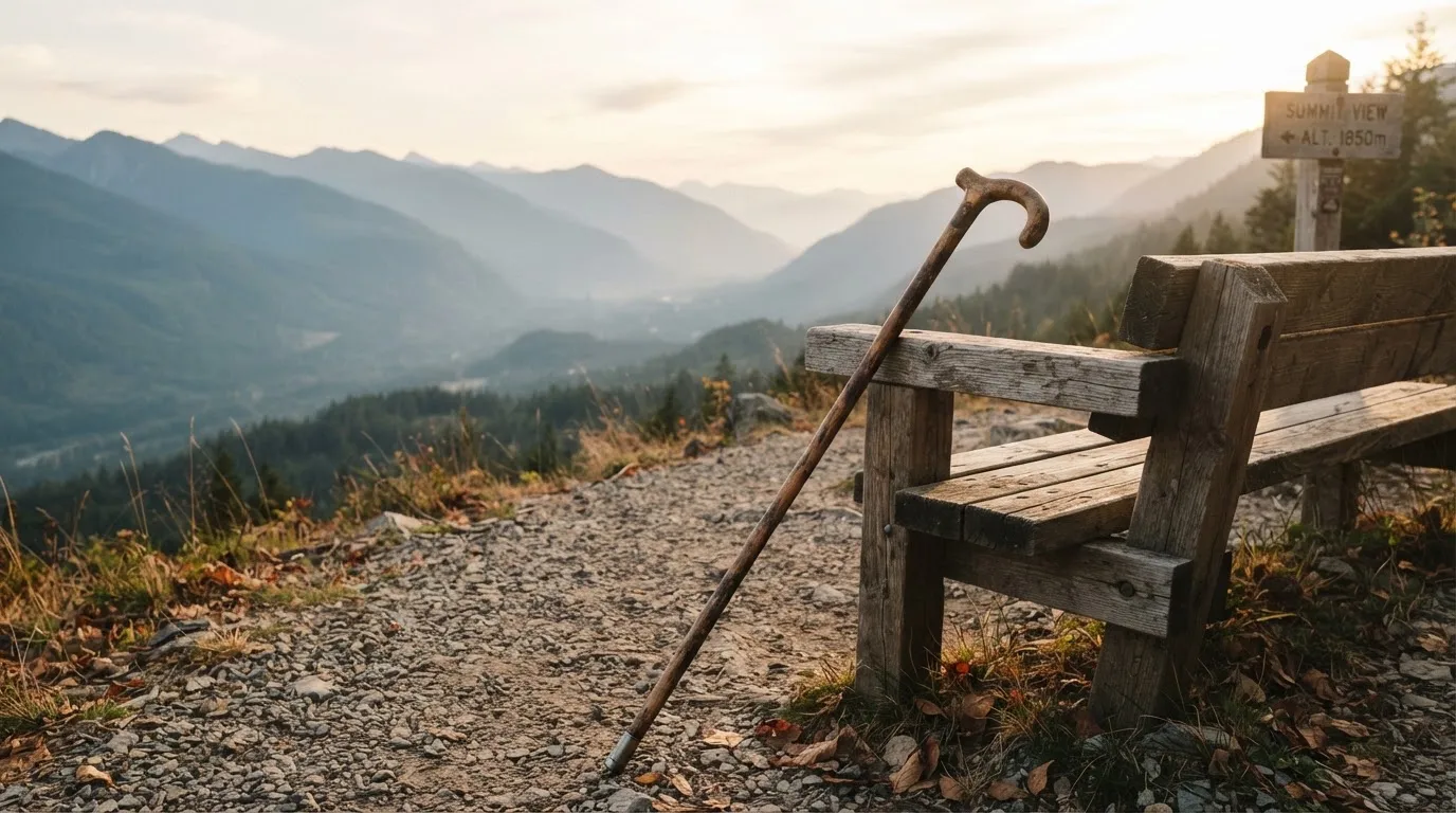 Ein Wanderstock lehnt an einer Holzbank auf einem Aussichtspunkt, dahinter breitet sich ein Tal im Dunst aus.