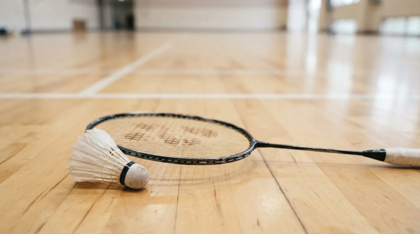 Ein Badmintonschläger liegt neben einem Federball auf dem hellen Hallenboden eines leeren Spielfelds.