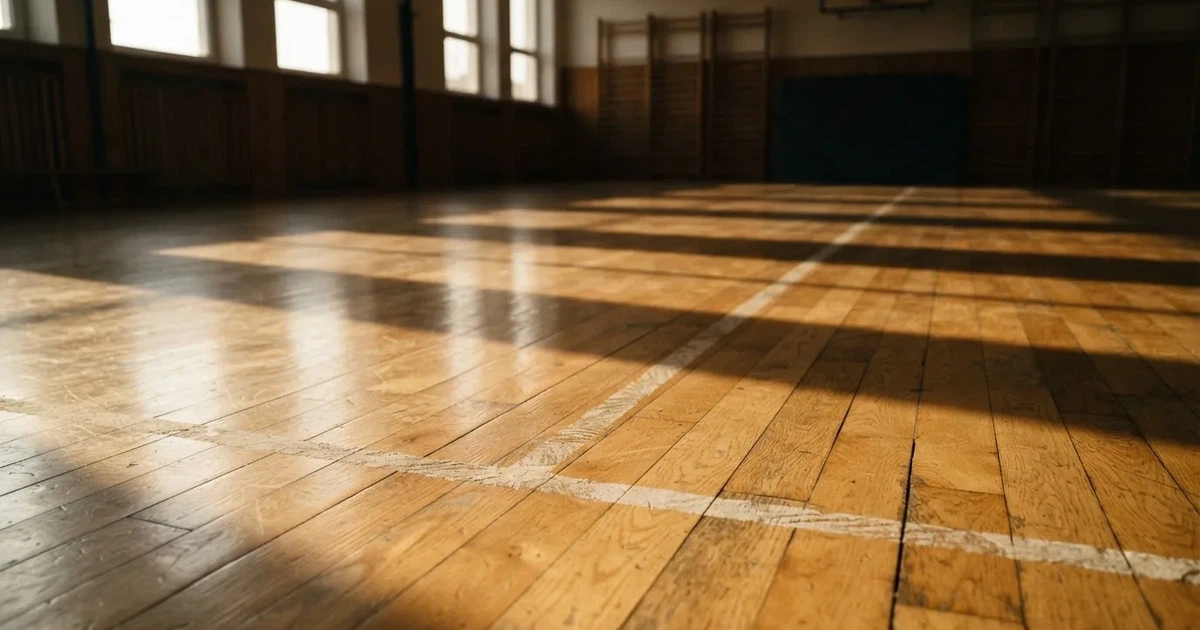 Zwei versetzte Startlinien aus Kreide auf dem Boden einer leeren Sporthalle, das Licht fällt schräg von der Seite.