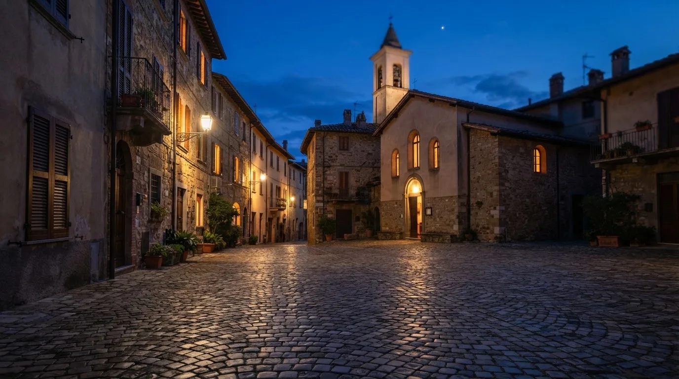 Ein Kopfsteinpflasterplatz vor einer Kirche in einer Altstadt am Abend, warme Fensterlichter und menschenleere Gassen.