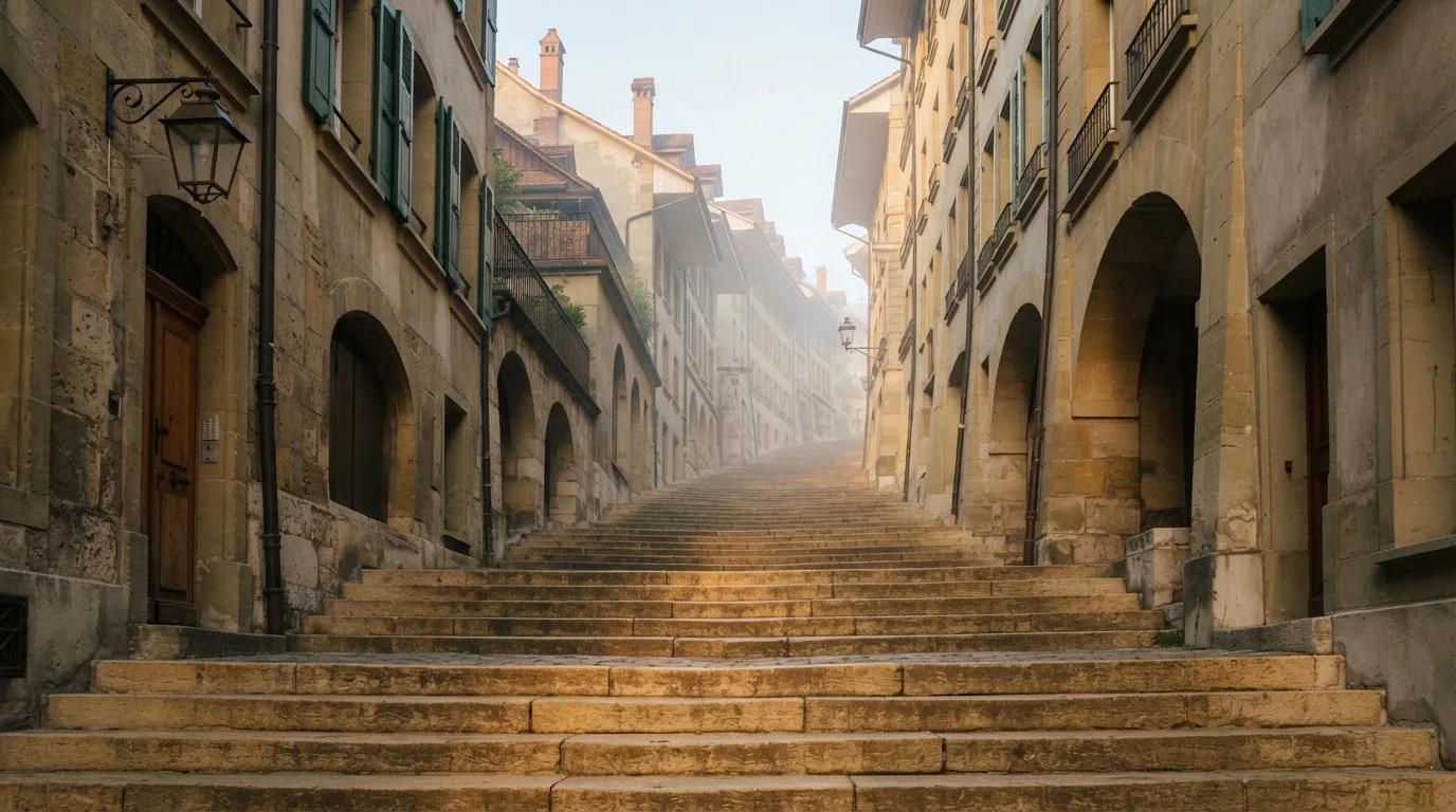 Eine breite Sandsteintreppe in einer Berner Altstadtgasse am frühen Morgen, niemand zu sehen, weiches Licht und leichter Nebel.
