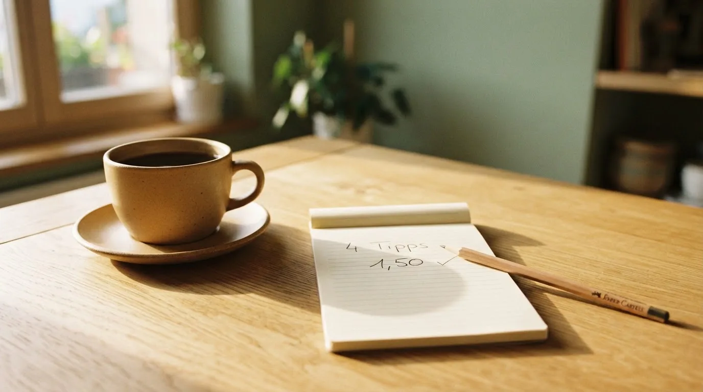 Eine Tasse Kaffee und ein Bleistift liegen auf einem sonnenbeschienenen Küchentisch neben einem leeren Notizblock.