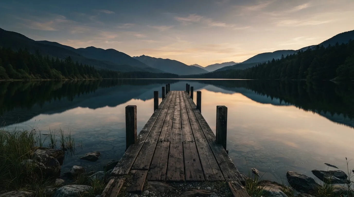 Ein leerer Holzsteg ragt am Abend in einen ruhigen Bergsee, das Wasser spiegelt den Himmel.