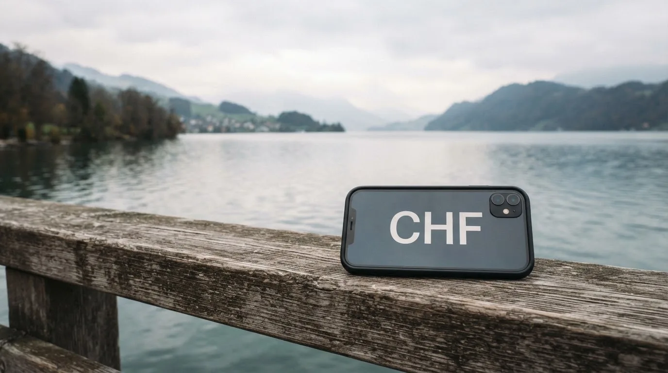 Ein Fernglas liegt auf dem Geländer einer Aussichtsplattform über einem See, dahinter flache Hügel im Dunst.
