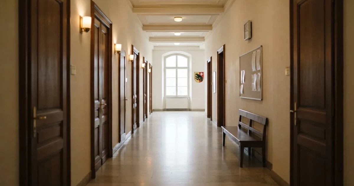 Ein langer Flur mit Holztüren und hellem Boden in einem ruhigen Verwaltungsgebäude, am Ende fällt Tageslicht durch ein Fenster.