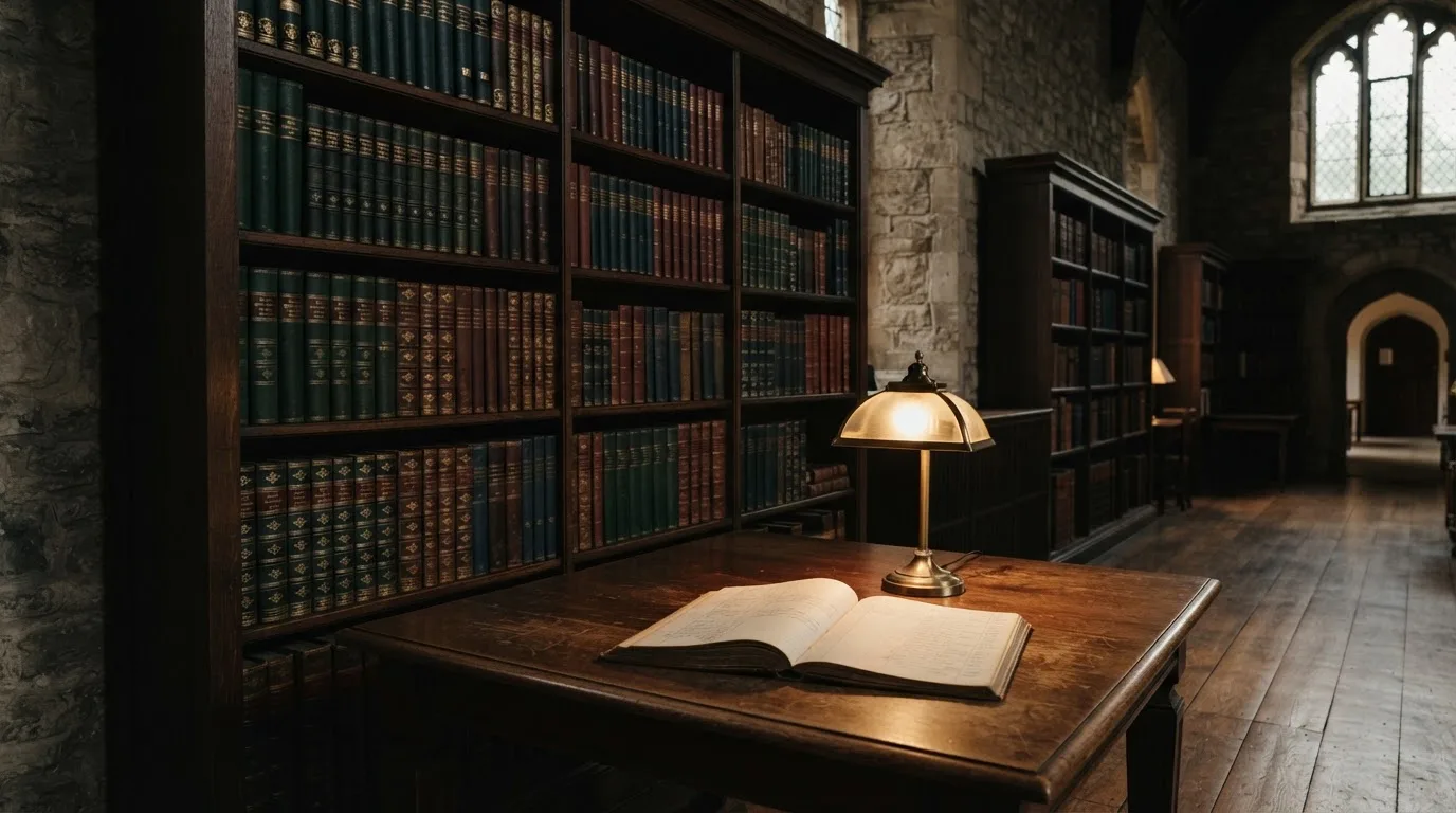 Ein Bücherregal mit ledergebundenen Bänden in dunklen Farben in einer stillen Bibliothek, davor ein Lesetisch.