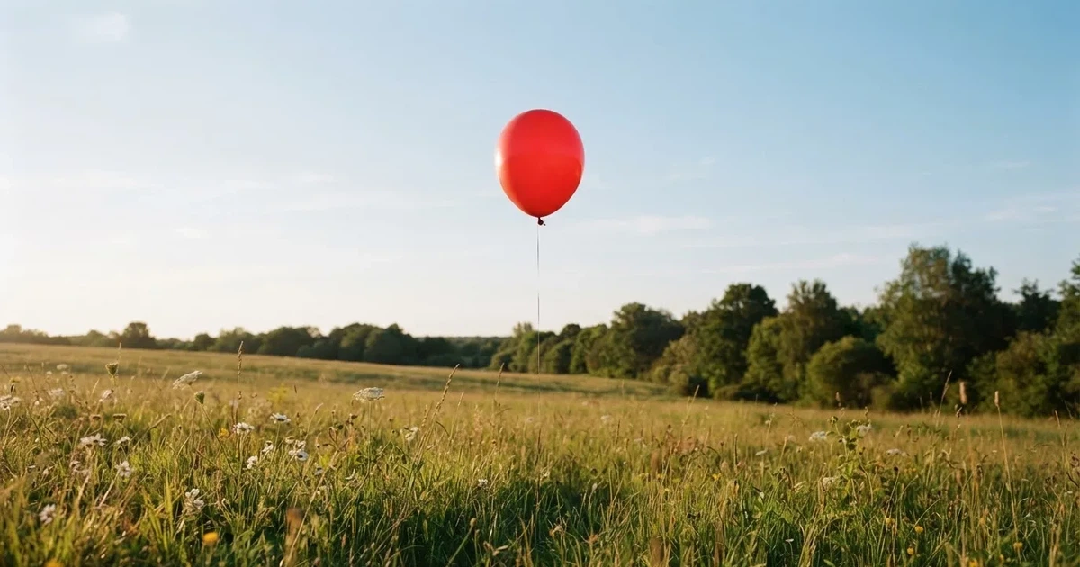 Ein roter Luftballon schwebt an einer dünnen Schnur über einer Sommerwiese, der Himmel dahinter ist klar.