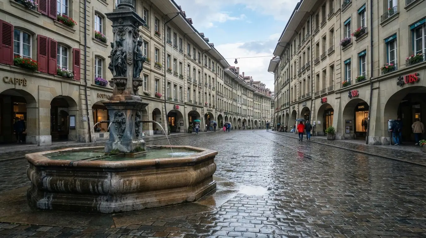 Ein Brunnen auf einem Altstadtplatz zwischen Sandsteinfassaden, nasses Kopfsteinpflaster nach einem Regenschauer.