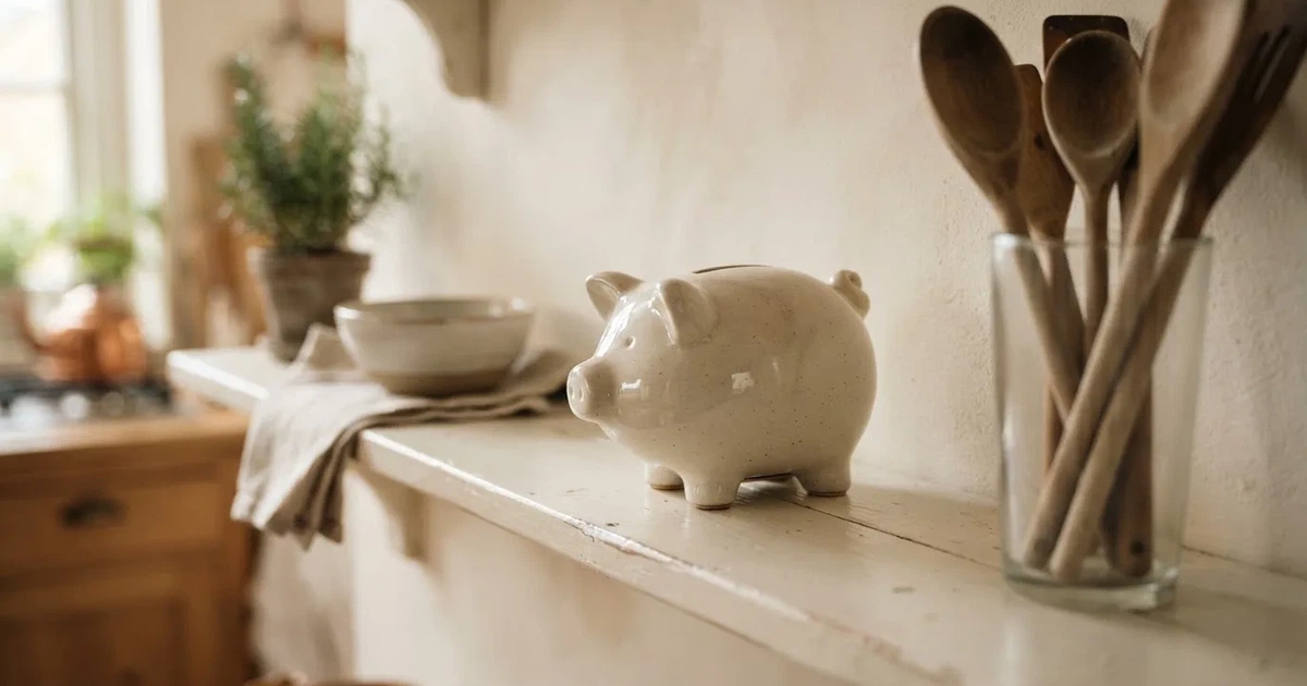 Ein Sparschwein aus Keramik steht auf einem Küchenregal neben einem Glas mit Holzlöffeln.