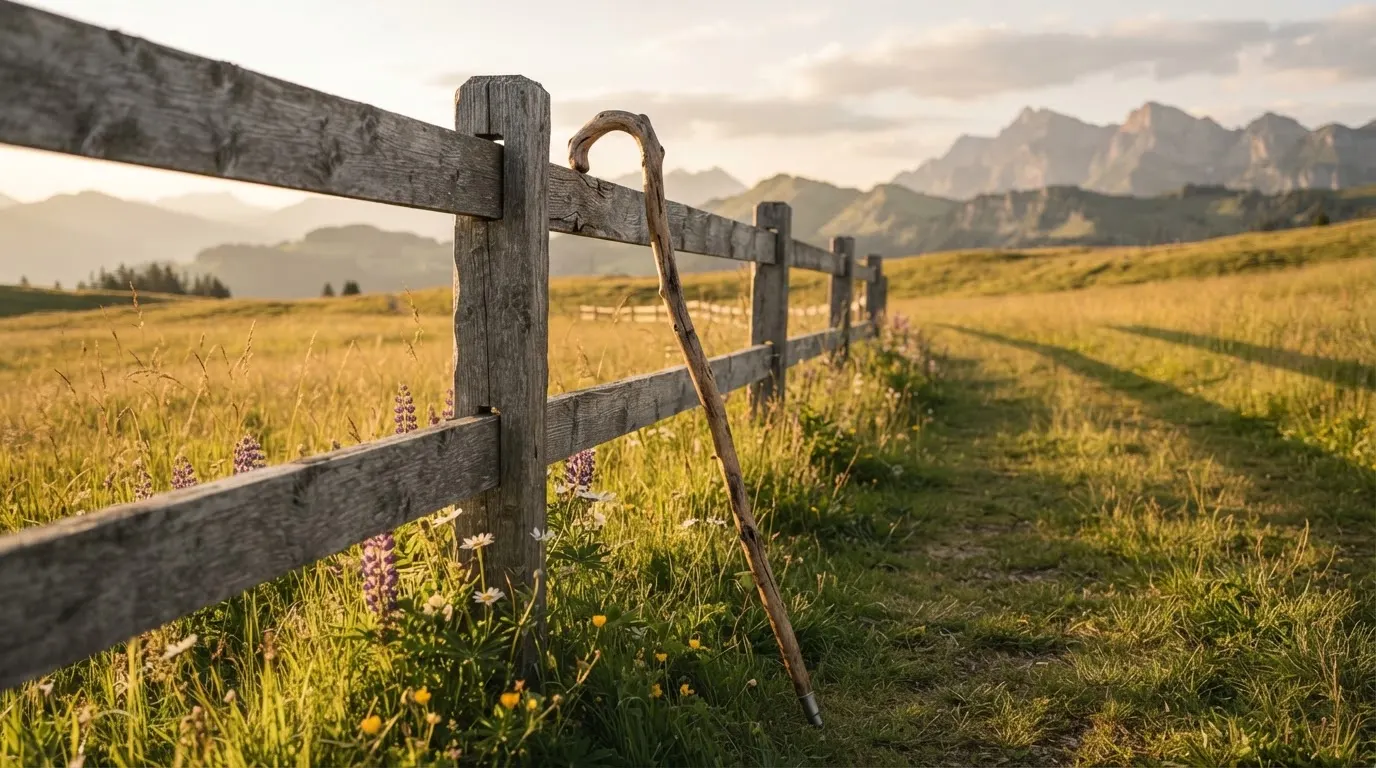 Ein Wanderstock lehnt an einem Gartenzaun, dahinter erstreckt sich eine ruhige Alpwiese im Abendlicht.