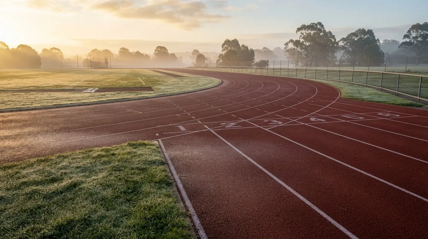 Eine leere Tartanbahn einer Leichtathletikanlage am frühen Morgen, Tau auf den Rasenflächen daneben und tiefstehende Sonne.
