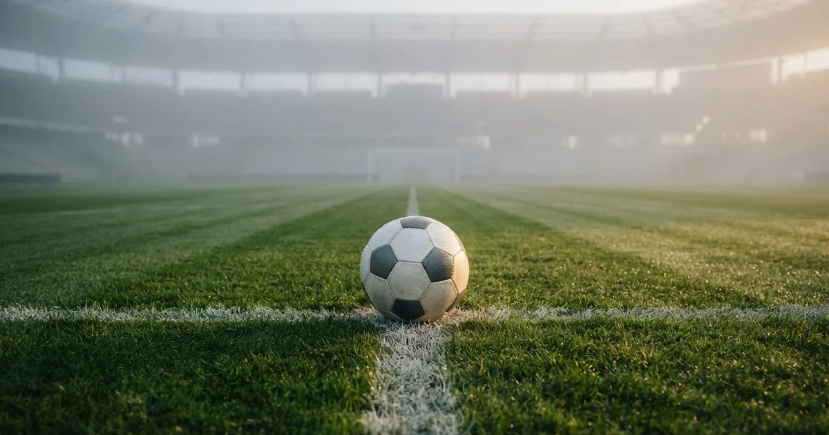 Ein Fussball liegt auf dem Anstosspunkt eines leeren Rasenplatzes im dichten Morgennebel.