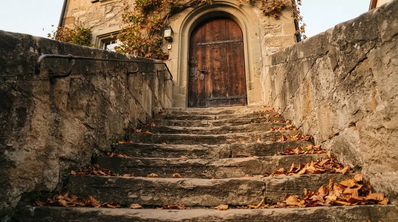 Eine Steintreppe mit Geländer führt zu einer hohen Holztür eines alten Gebäudes, Herbstlaub liegt auf den Stufen.