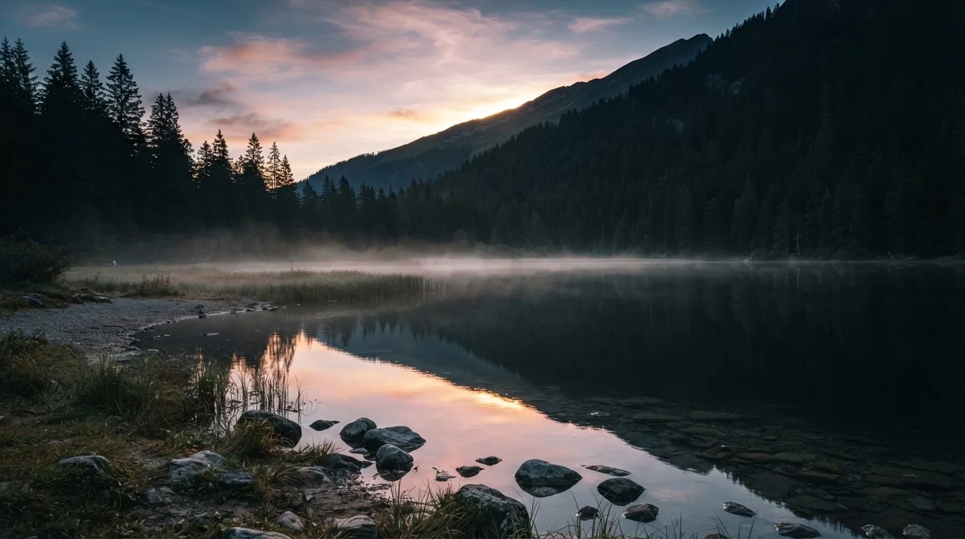 Ein ruhiger Bergsee mit Nebel am Ufer bei Sonnenaufgang, am Hang dahinter dunkle Tannen.