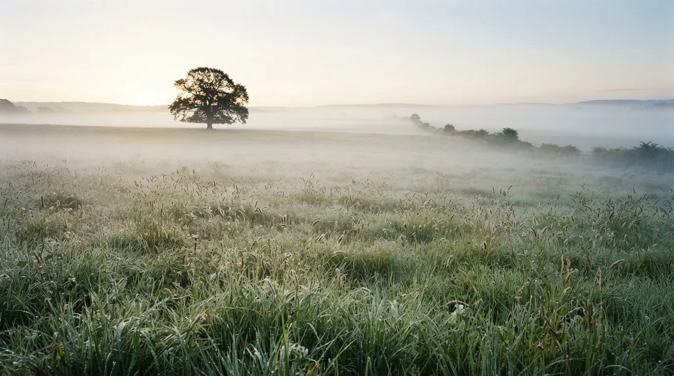 Eine Wiese mit Bodennebel am frühen Morgen, in der Ferne ein einzelner Baum vor hellem Horizont.