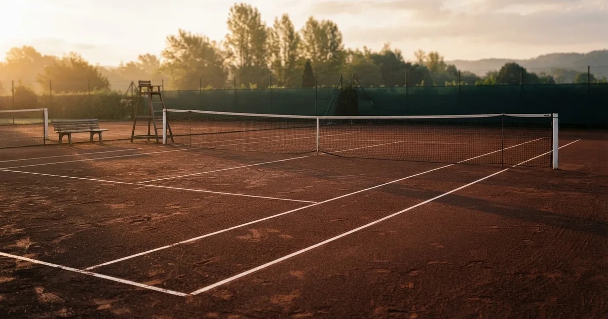 Ein Tennisplatz bei Sonnenaufgang mit gespanntem Netz und feuchtem Sandbelag, niemand steht auf dem Platz.