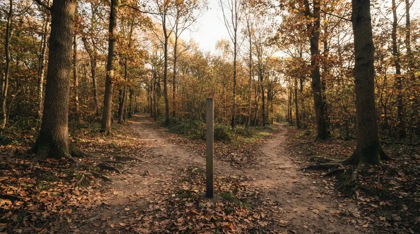 Eine Wegkreuzung im Wald, an der sich zwei Pfade im Herbstlicht gabeln, Laub bedeckt den Boden.