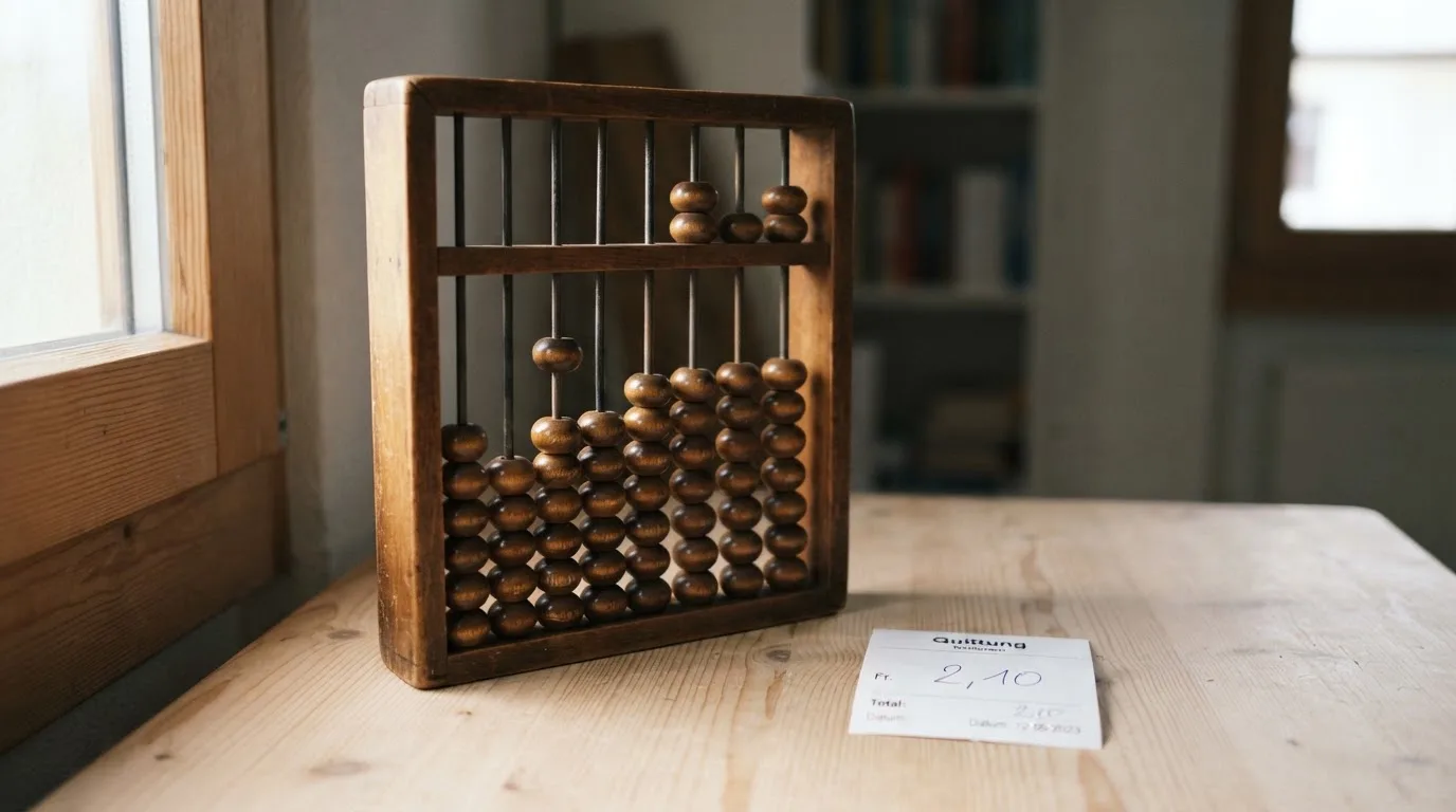 Ein Abakus aus Holz steht auf einem Schreibtisch, einige Perlen sind nach links geschoben, Seitenlicht fällt darauf.