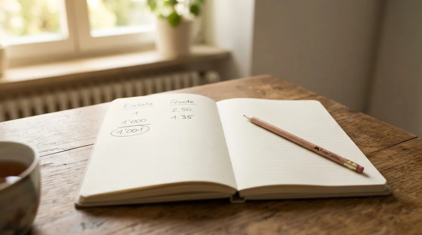 Ein aufgeschlagenes Notizbuch mit handschriftlichen Spalten und ein Bleistift liegen auf einem Holztisch neben einem Fenster.