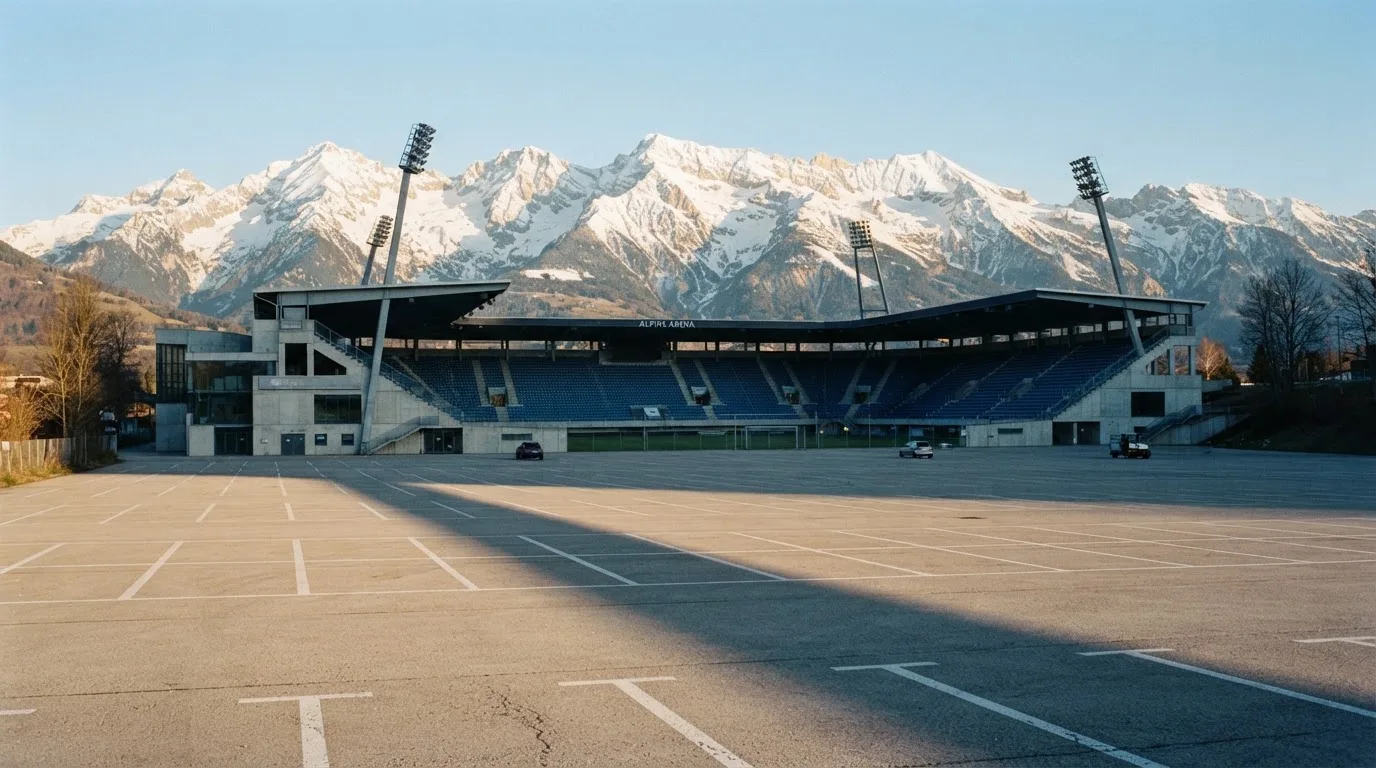 Hinter einem leeren Stadion ragen verschneite Berggipfel in den klaren Morgenhimmel, davor ein Parkplatz im ersten Sonnenlicht.