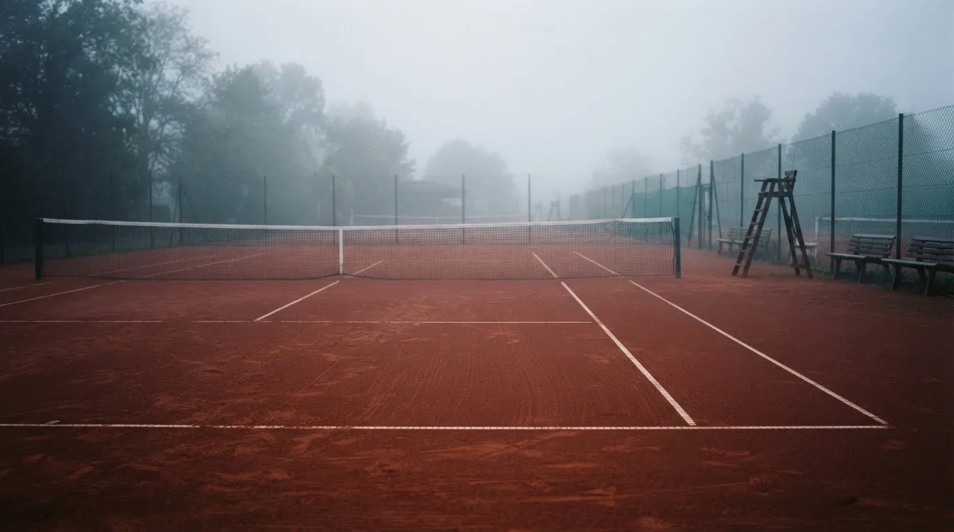 Ein Tennisplatz aus Sand liegt im Morgengrauen still da, Nebel hängt über der Grundlinie und dem aufgespannten Netz.