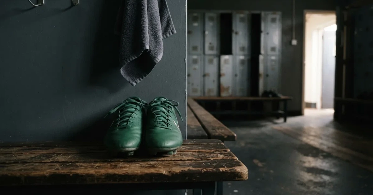Ein Paar Fussballschuhe steht auf einer Holzbank in einer leeren Umkleide, über der Bank hängt ein Handtuch.