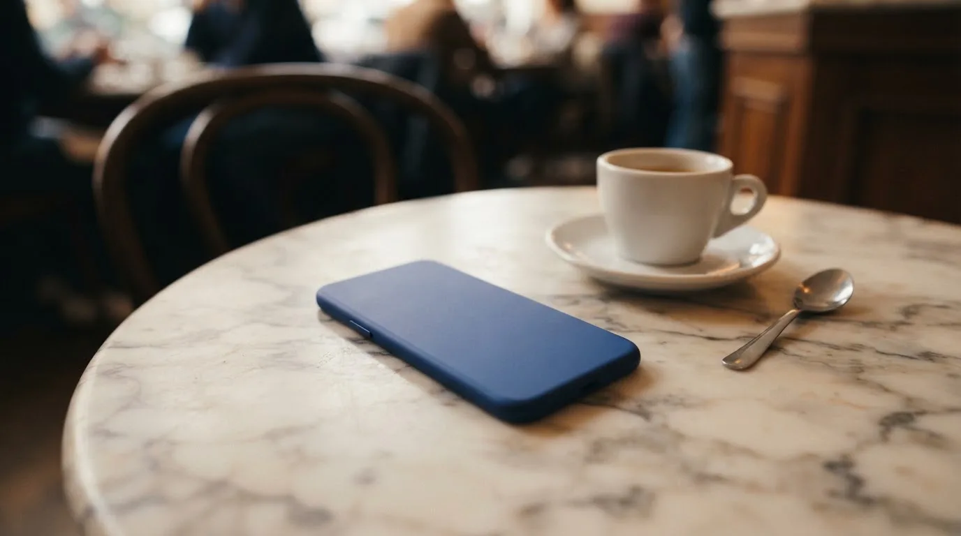 Ein Smartphone liegt mit der Rückseite nach oben auf einem Kaffeehaustisch neben einer Tasse und einem Löffel.