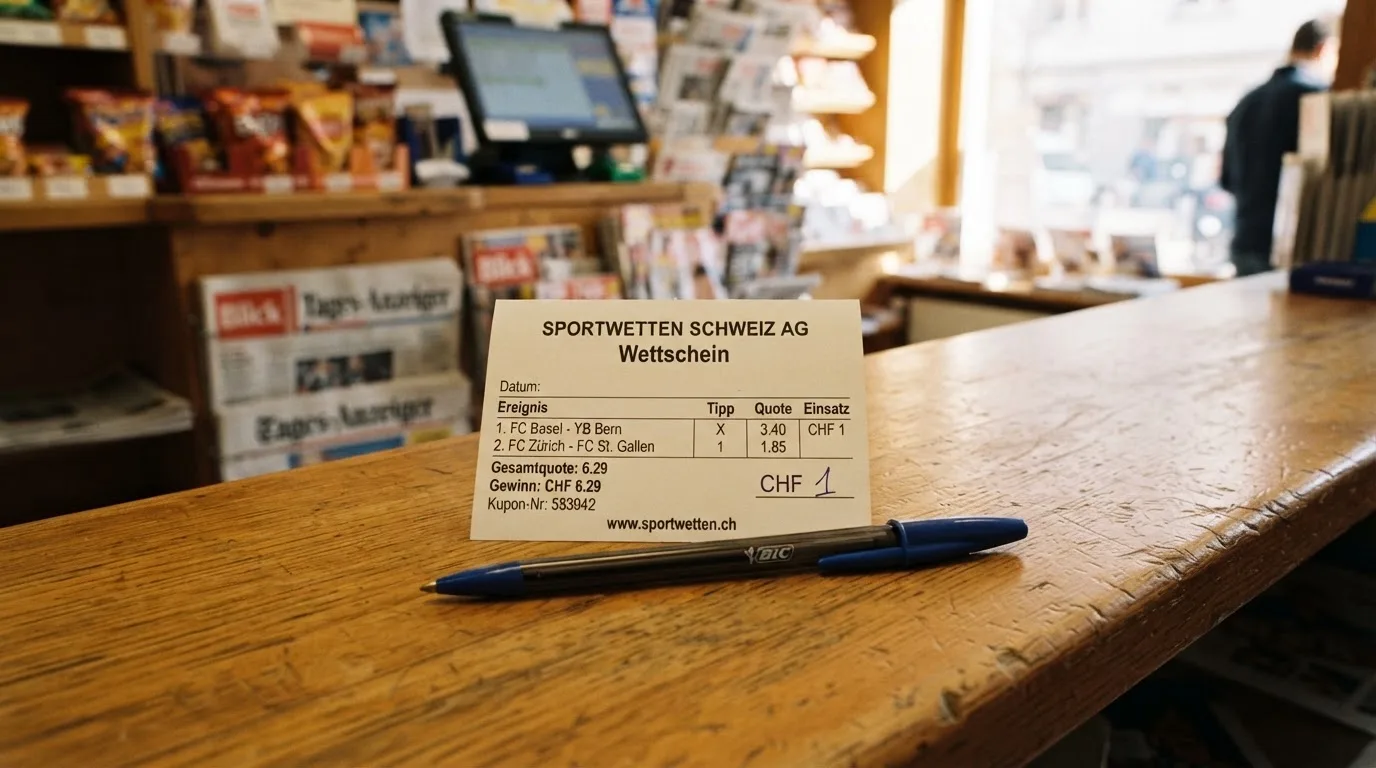 Ein unbeschriebener Papierwettschein und ein Kugelschreiber liegen auf einer hölzernen Ladentheke im Tageslicht.