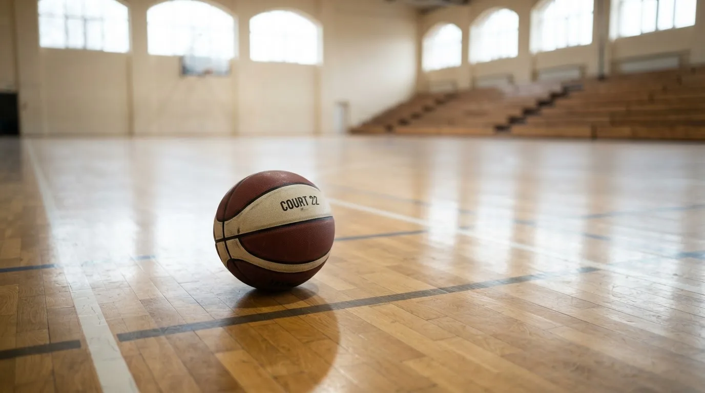 Ein Basketball ruht auf dem Parkett einer leeren Sporthalle, durch hohe Fenster fällt Tageslicht.