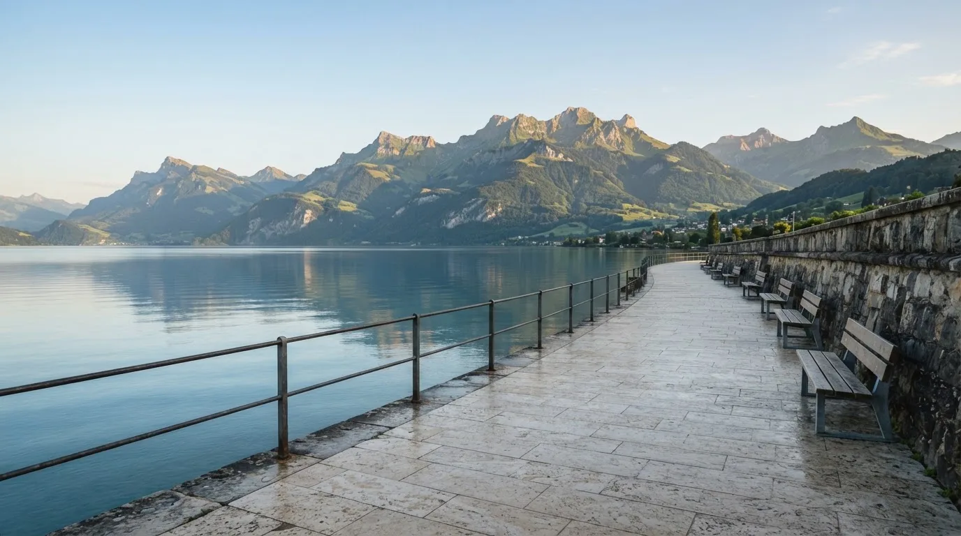 Eine Uferpromenade an einem Schweizer See liegt am frühen Morgen leer da, am anderen Ufer ragen Berge auf.